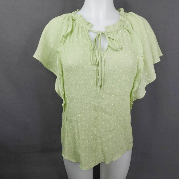 Womens Top Large Green Polka Dot Coastal Cool Cottagecore Boho Romantic Ruffle - Picture 1 of 13